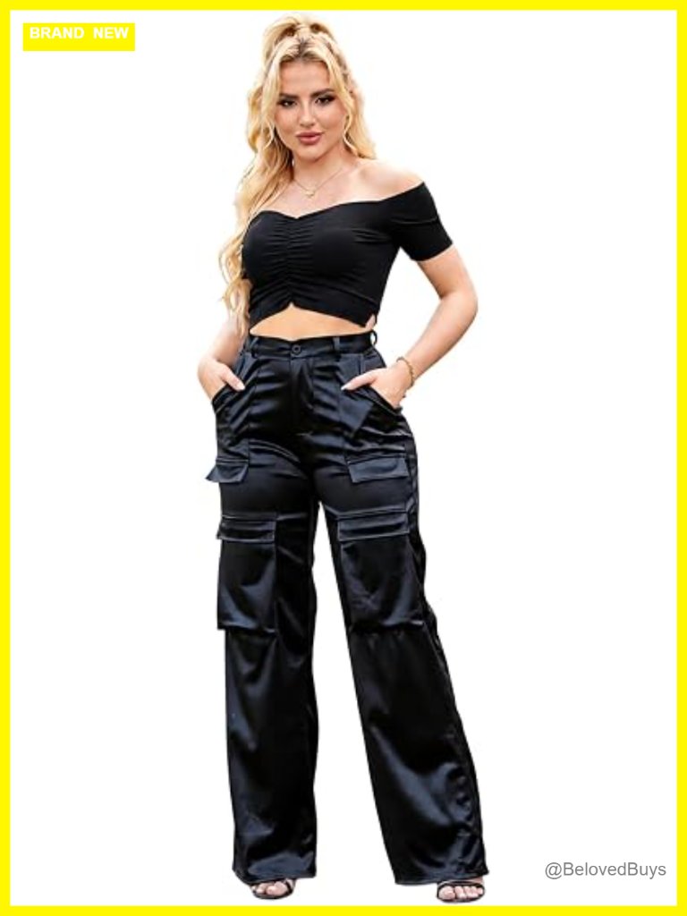 High Waisted Satin Cargo Pants Wide Leg Trousers With Pockets